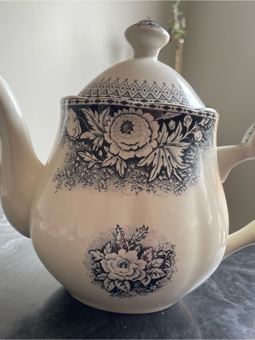 Classic Floral Ceramic Teapot in Cream and Blue -- Elegant Home Art